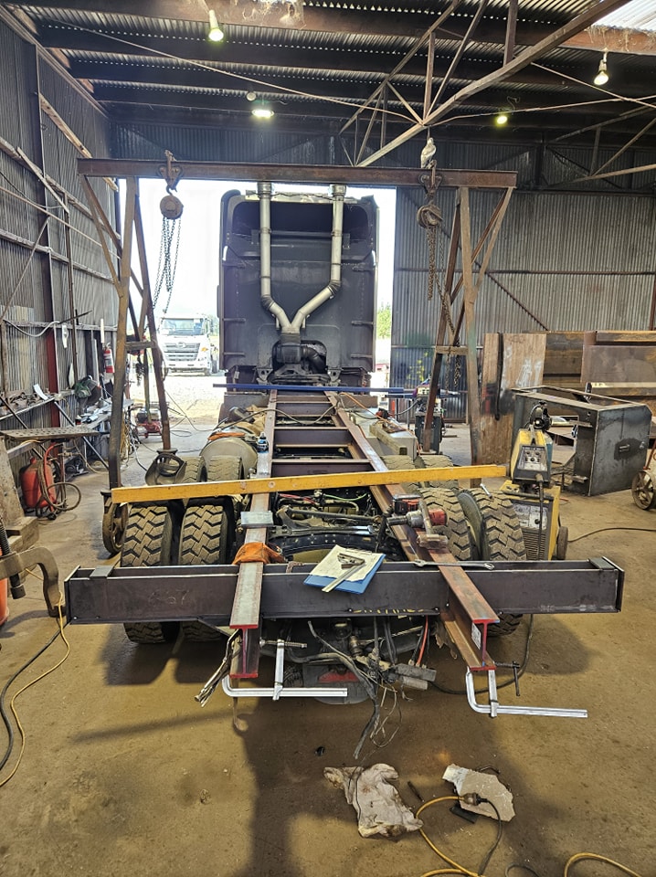 Argosy chassis mid-rebuild in the Cole Engineering workshop